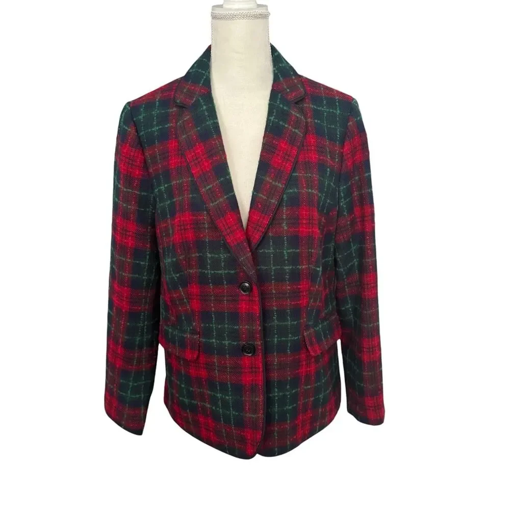 Talbots Blazer Womens 14 Red‎ Wool Plaid Aberdeen Dog Print Lined Holiday $169